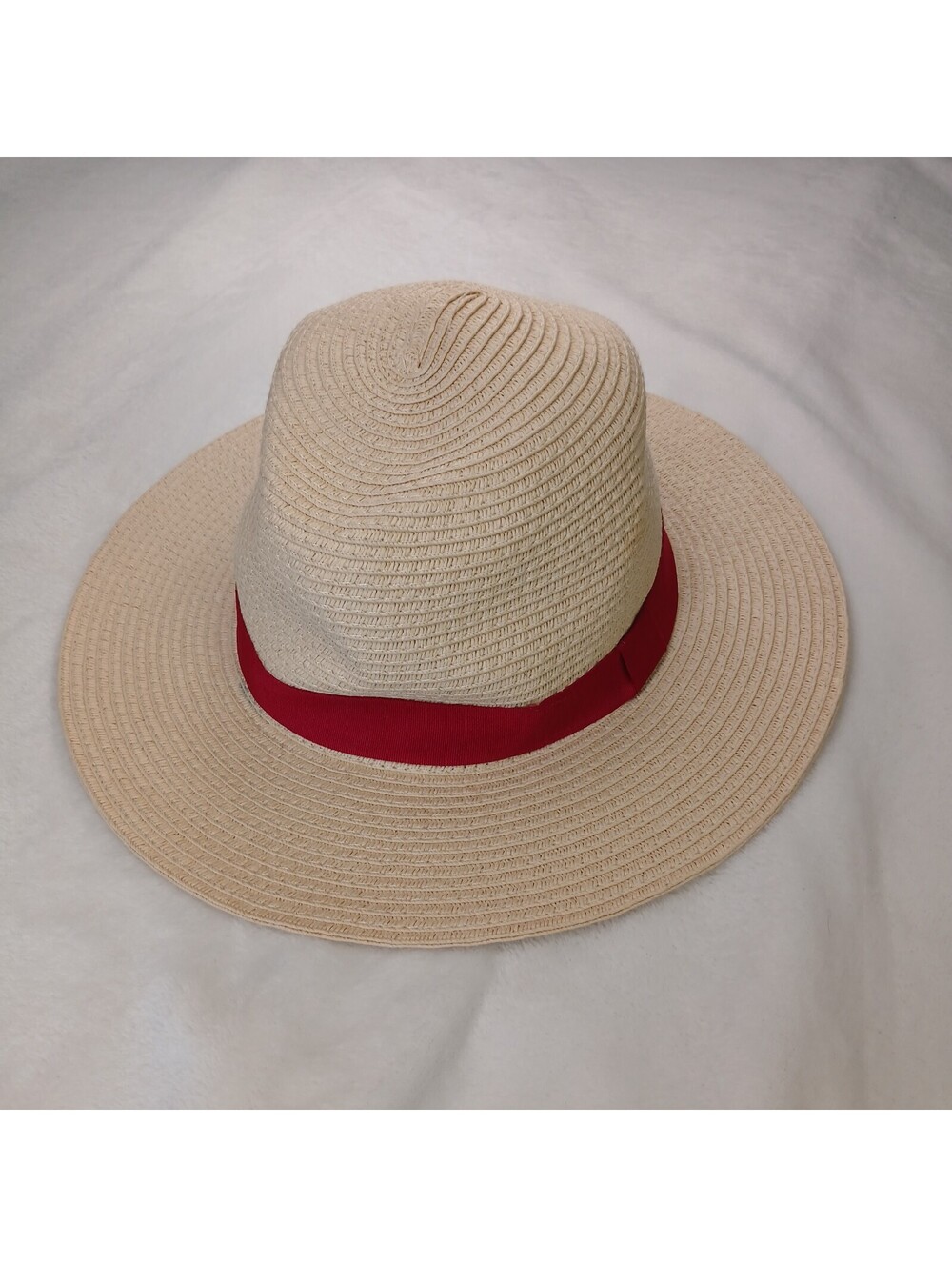 D&Y David & Young Paper Straw Panama Sun Hat Fedora Beige Red Ribbon Band OSFM